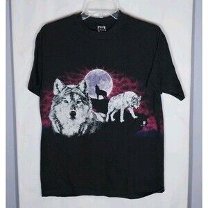 Vtg Screenworks Tee Black Sz M Wolf Howl At Moon Double Sided Graphic T-Shirt